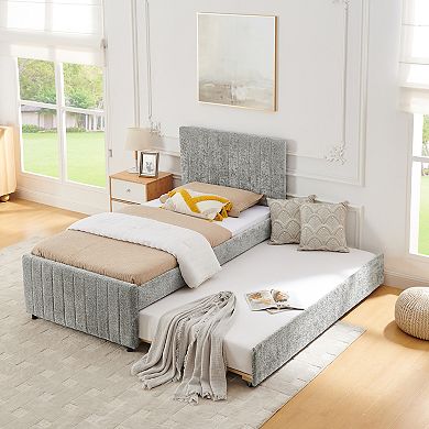Trikiousd Chenille Upholstered Platform Bed Pop Up Trundle Bed, No Box Spring Needed
