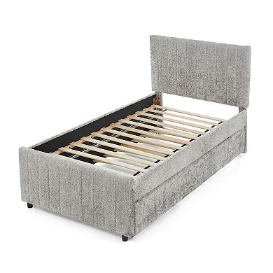 Trikiousd Chenille Upholstered Platform Bed Pop Up Trundle Bed, No Box Spring Needed