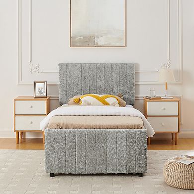 Trikiousd Chenille Upholstered Platform Bed Pop Up Trundle Bed, No Box Spring Needed
