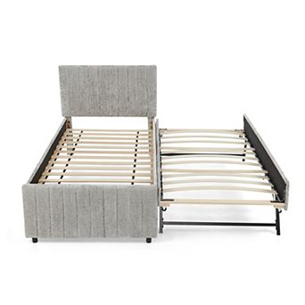 Trikiousd Chenille Upholstered Platform Bed Pop Up Trundle Bed, No Box Spring Needed