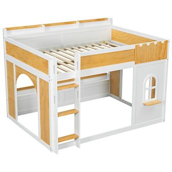 Trikiousd Wood Playhouse Bunk Bed House Floor Bunk Bed with Storage Shelves, Window & Two Doors
