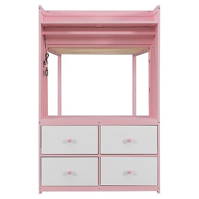 Trikiousd Twin Size Kids Bunk Bed with 4 Storage Drawers, Hanging Rail, Light, Dual Pegboards