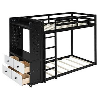 Trikiousd Twin Size Kids Bunk Bed with 4 Storage Drawers, Hanging Rail, Light, Dual Pegboards
