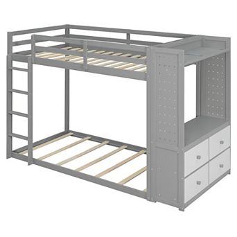 Trikiousd Twin Size Kids Bunk Bed with 4 Storage Drawers, Hanging Rail, Light, Dual Pegboards