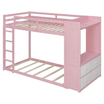 Trikiousd Twin Size Kids Bunk Bed with 4 Storage Drawers, Hanging Rail, Light, Dual Pegboards