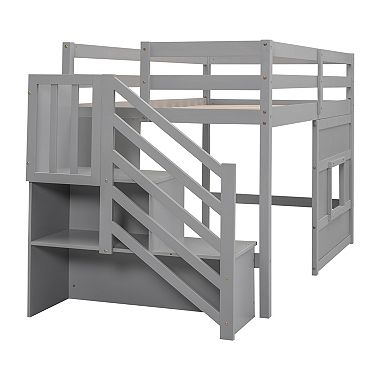 Trikiousd Twin Size Bed Frame LED Wood Loft Bed with Storage Staircase and Large Underbed Space