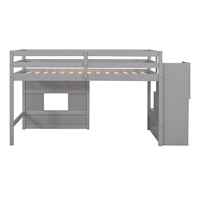 Trikiousd Twin Size Bed Frame LED Wood Loft Bed with Storage Staircase and Large Underbed Space