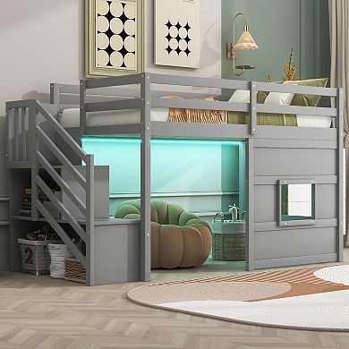 Trikiousd Twin Size Bed Frame LED Wood Loft Bed with Storage Staircase and Large Underbed Space