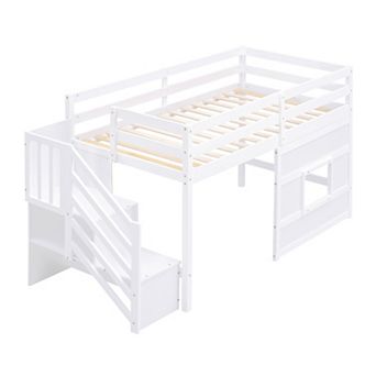 Trikiousd Twin Size Bed Frame LED Wood Loft Bed with Storage Staircase and Large Underbed Space
