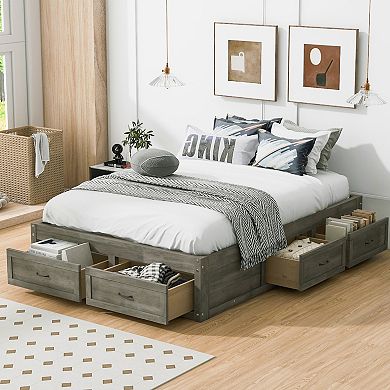 Trikiousd Storage Bed Wood Frame Platform Bed with 6 Storage Drawers, Without Headboard