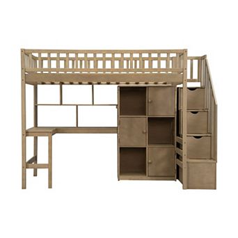 Trikiousd Wood Loft Bed Twin Size Bed with Desk, LED Lights, Storage Staircase, Shelves & Cabinets
