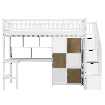 Trikiousd Wood Loft Bed Twin Size Bed with Desk, LED Lights, Storage Staircase, Shelves & Cabinets