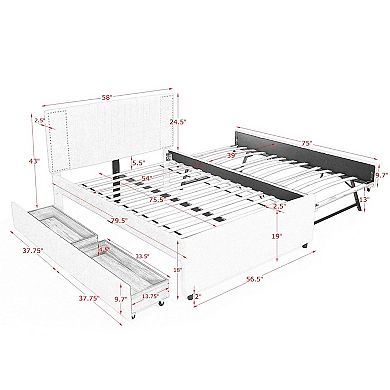 Trikiousd Chenille Upholstered Bed Storage Platform Bed w/ 2 Storage Drawers & Pull-out Trundle Bed