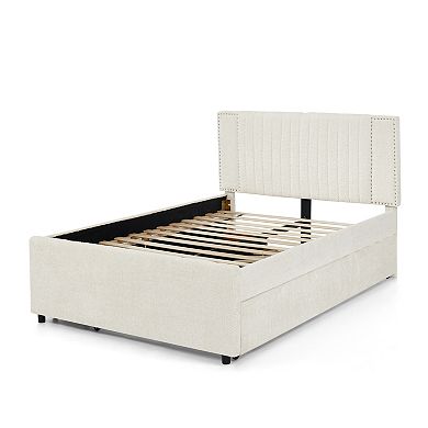 Trikiousd Chenille Upholstered Bed Storage Platform Bed w/ 2 Storage Drawers & Pull-out Trundle Bed
