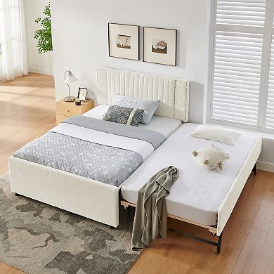 Trikiousd Chenille Upholstered Bed Storage Platform Bed w/ 2 Storage Drawers & Pull-out Trundle Bed