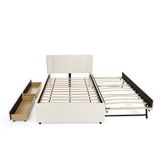 Trikiousd Chenille Upholstered Bed Storage Platform Bed w/ 2 Storage Drawers & Pull-out Trundle Bed