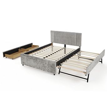 Trikiousd Chenille Upholstered Bed Storage Platform Bed w/ 2 Storage Drawers & Pull-out Trundle Bed