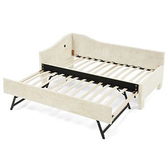 Trikiousd Curved Round Edge Daybed Chenille Upholstered Bed with Pull-out Trundle & USB Port