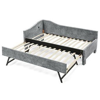 Trikiousd Curved Round Edge Daybed Chenille Upholstered Bed with Pull-out Trundle & USB Port