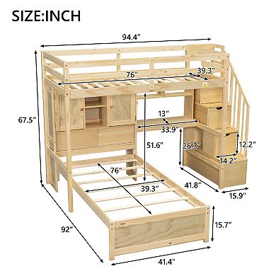 Trikiousd L-Shaped Wood Bookcase Platform Bed Twin Bunk Bed w/ Desk, Storage Staircase & Cabinets
