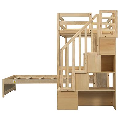 Trikiousd L-Shaped Wood Bookcase Platform Bed Twin Bunk Bed w/ Desk, Storage Staircase & Cabinets