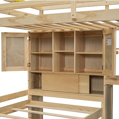 Trikiousd L-Shaped Wood Bookcase Platform Bed Twin Bunk Bed w/ Desk, Storage Staircase & Cabinets