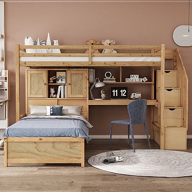 Trikiousd L-Shaped Wood Bookcase Platform Bed Twin Bunk Bed w/ Desk, Storage Staircase & Cabinets
