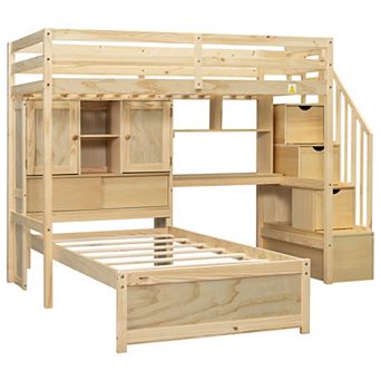Trikiousd L-Shaped Wood Bookcase Platform Bed Twin Bunk Bed w/ Desk, Storage Staircase & Cabinets