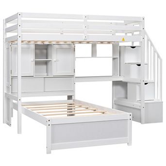 Trikiousd L-Shaped Wood Bookcase Platform Bed Twin Bunk Bed w/ Desk, Storage Staircase & Cabinets