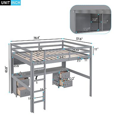 Trikiousd Solid Wood Full Size Loft Bed w/ Desk, Cabinets, 4 Drawers, Bedside Tray, Charging Station