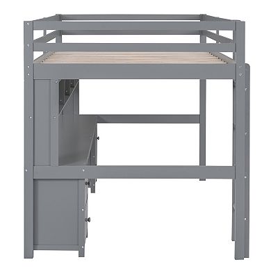 Trikiousd Solid Wood Full Size Loft Bed w/ Desk, Cabinets, 4 Drawers, Bedside Tray, Charging Station