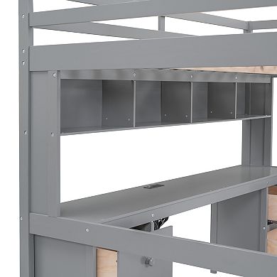 Trikiousd Solid Wood Full Size Loft Bed w/ Desk, Cabinets, 4 Drawers, Bedside Tray, Charging Station