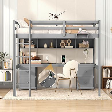Trikiousd Solid Wood Full Size Loft Bed w/ Desk, Cabinets, 4 Drawers, Bedside Tray, Charging Station