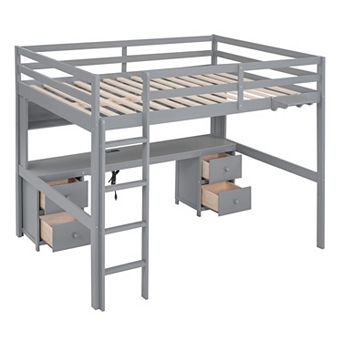 Trikiousd Solid Wood Full Size Loft Bed w/ Desk, Cabinets, 4 Drawers, Bedside Tray, Charging Station