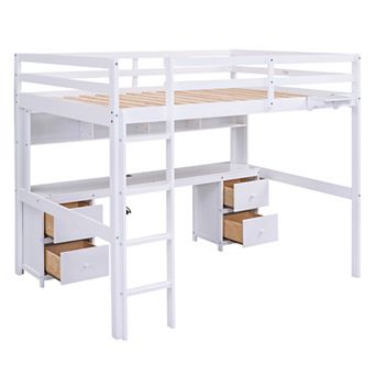 Trikiousd Solid Wood Full Size Loft Bed w/ Desk, Cabinets, 4 Drawers, Bedside Tray, Charging Station