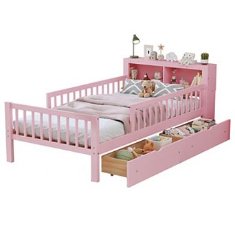 Trikiousd Twin Size Wood Bed Frame with 2 Storage Drawers, Kids Twin Platform Bed with Guardrails