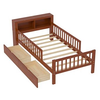 Trikiousd Twin Size Wood Bed Frame with 2 Storage Drawers, Kids Twin Platform Bed with Guardrails