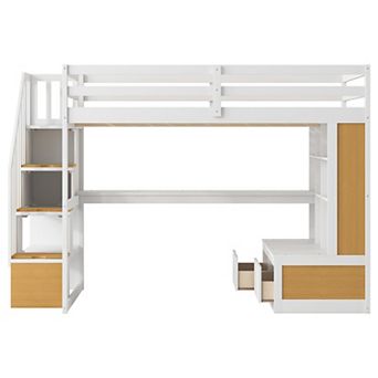 Trikiousd Full Size Loft Bed Space Saving Wood Bed with Desk, Storage Staircase, Shelves & 2 Drawers