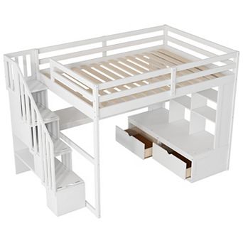 Trikiousd Full Size Loft Bed Space Saving Wood Bed with Desk, Storage Staircase, Shelves & 2 Drawers