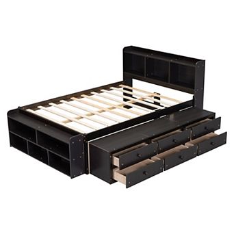 Trikiousd Full Size Storage Bed Pine Wood Bookcase Platform Bed w/ 6 Drawers & Bed End Storage Case