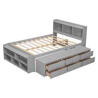 Trikiousd Full Size Storage Bed Pine Wood Bookcase Platform Bed w/ 6 Drawers & Bed End Storage Case