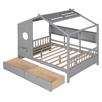 Trikiousd Kids Bed w/ 2 Drawers, Wooden House Bed Montessori Bed Low Platform Bed w/ Storage Shelf