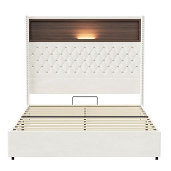 Trikiousd Velvet Upholstered Bed Wingback Platform Bed Low Profile Bed Frame w/ Night Light & USB