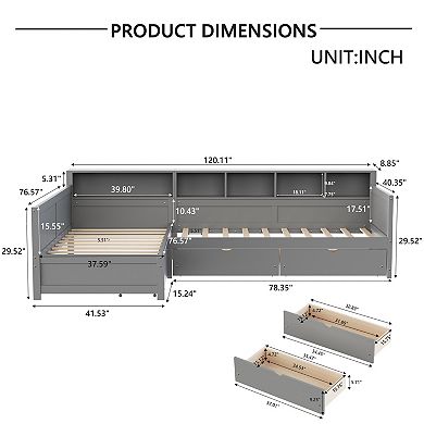 Trikiousd Twin Size Corner Bed Frame L-Shape Wood Platform Bed w/ 3 Drawers, Daybed w/ Bookshelf
