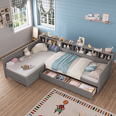Trikiousd Twin Size Corner Bed Frame L-Shape Wood Platform Bed w/ 3 Drawers, Daybed w/ Bookshelf