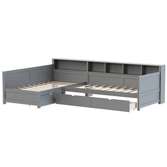 Trikiousd Twin Size Corner Bed Frame L-Shape Wood Platform Bed w/ 3 Drawers, Daybed w/ Bookshelf