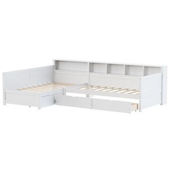 Trikiousd Twin Size Corner Bed Frame L-Shape Wood Platform Bed w/ 3 Drawers, Daybed w/ Bookshelf