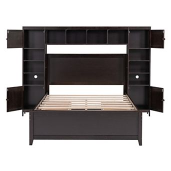 Trikiousd Platform Bed Solid Wood Frame Storage Bed with All-in-One Cabinet, Bookcase & 4 Drawers