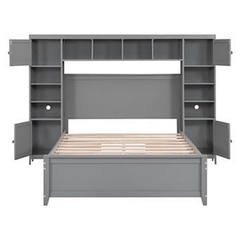 Trikiousd Platform Bed Solid Wood Frame Storage Bed with All-in-One Cabinet, Bookcase & 4 Drawers