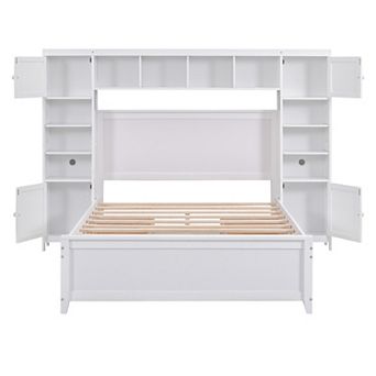 Trikiousd Platform Bed Solid Wood Frame Storage Bed with All-in-One Cabinet, Bookcase & 4 Drawers